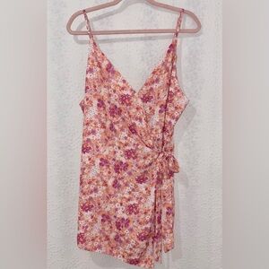 Pink Lily Floral Wrap Mini Dress Large Pink Orange Tie Waist Spaghetti Strap
